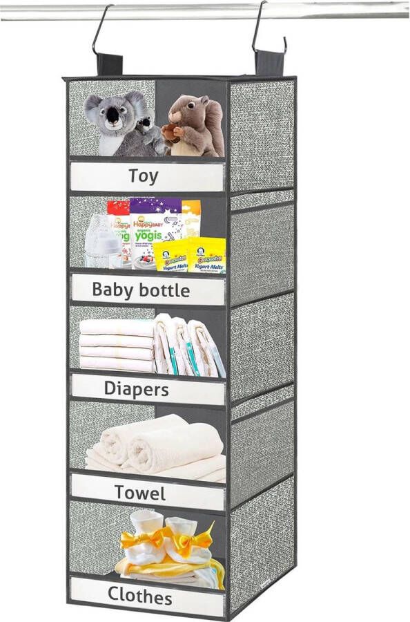 Kledingkast organizer hangorganizer hangrek stof met 5 vakken hangopslag kledingkast met 2 haken opvouwbare organizer hangend voor schoenen babykleding hemd (grijs-groen)