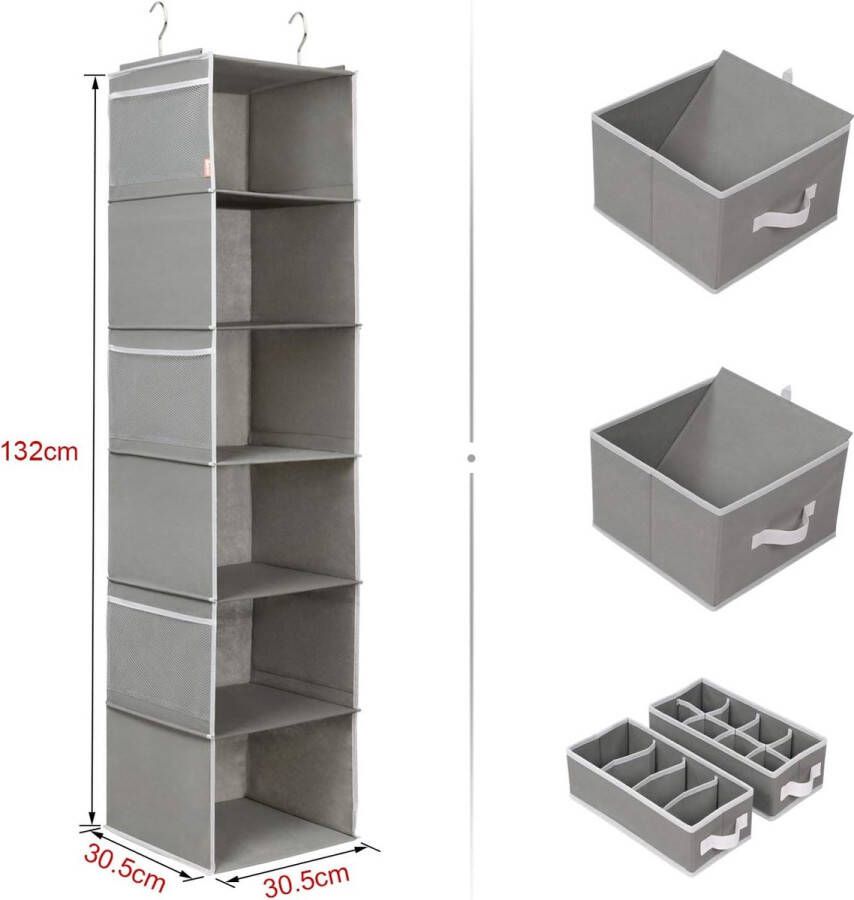 Kledingkast Organizer met Lades Lade Organizer Inclusief 4 Lades en 6 Netvakken Metalen Haken Opvouwbare Hangende Organizer voor de Kast Glacier Grijs 6 Niveaus
