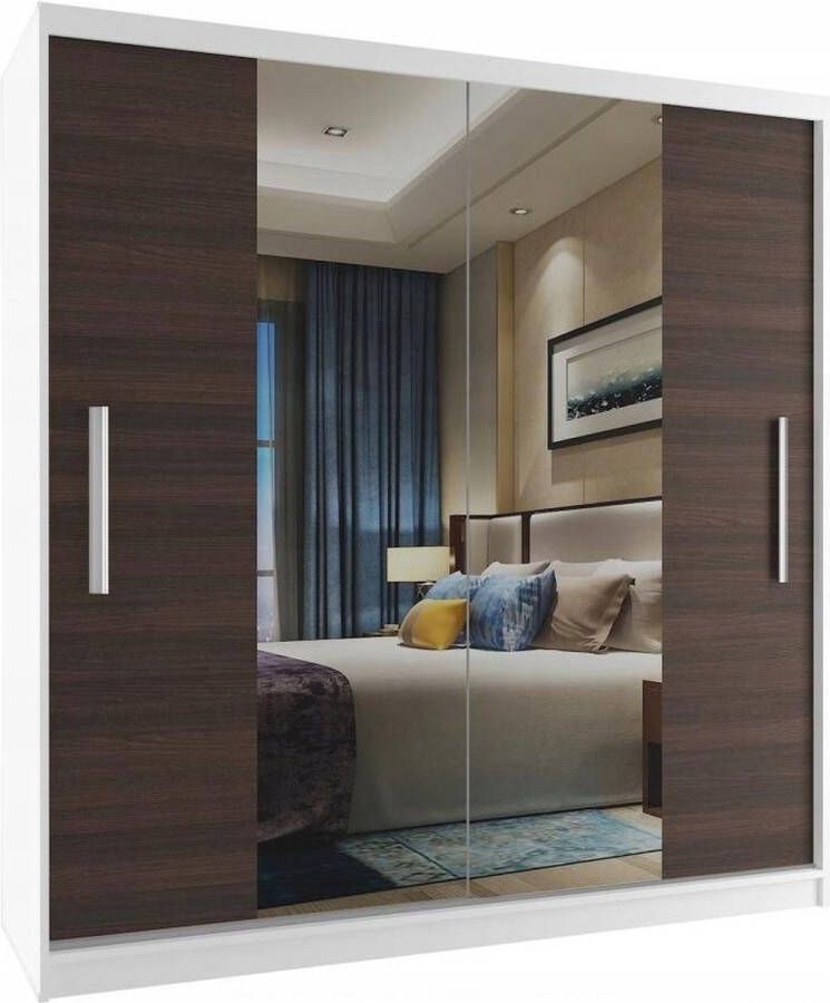 Kledingkast Slaapkamer Wit Bruin 133cm-Schuifdeur-Spiegel-Lades-Kledingkasten-Schuifdeurkast-Garderobekast