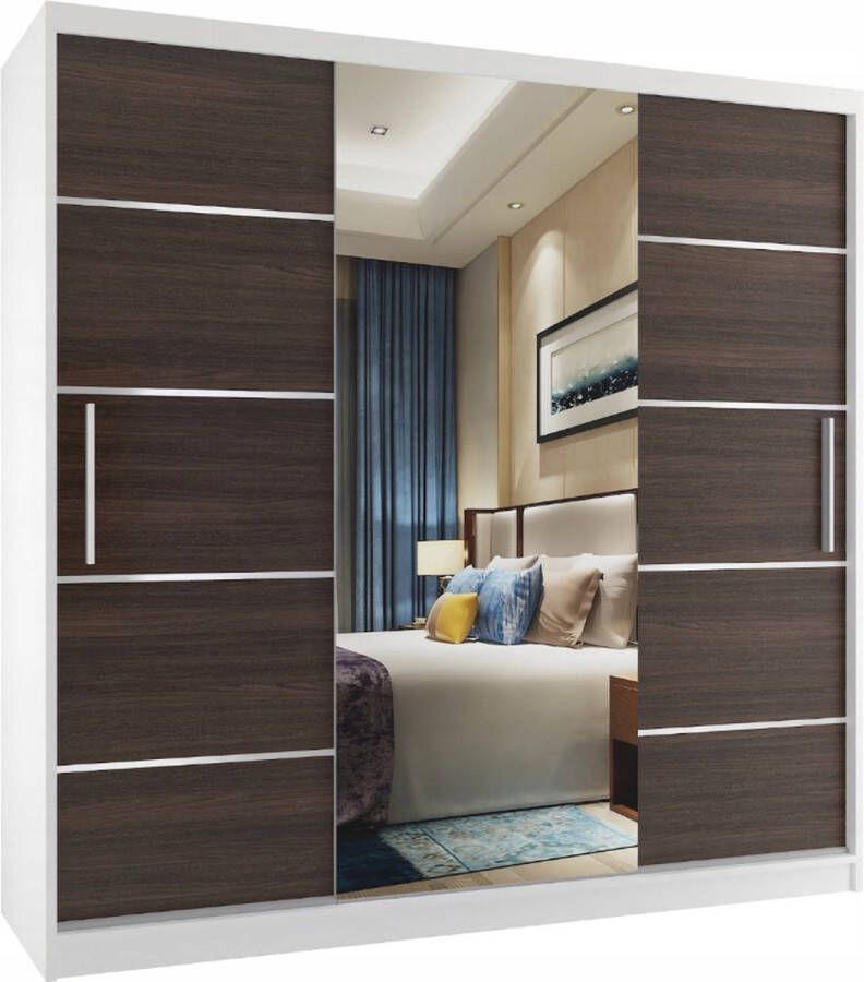 Kledingkast Slaapkamer Wit Antraciet 200 cm-Schuifdeur-Spiegel-Lades-Kledingkasten-Schuifdeurkast-Garderobekast