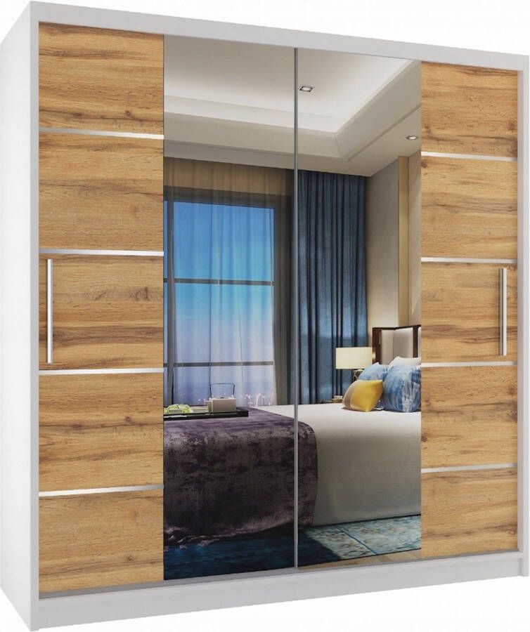 Kledingkast Slaapkamer Wit Eiken 158 cm-Schuifdeur-Spiegel-Lades-Kledingkasten-Schuifdeurkast-Garderobekast