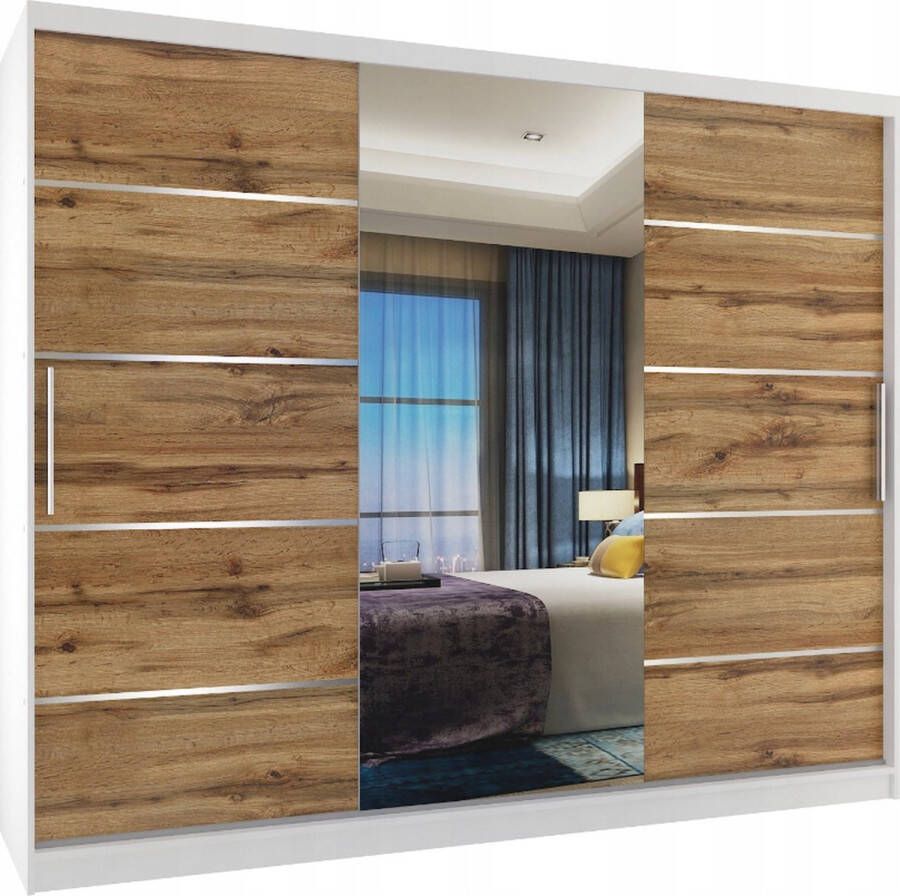 Kledingkast Slaapkamer Wit Eiken 235 cm-Schuifdeur-Spiegel-Lades-Kledingkasten-Schuifdeurkast-Garderobekast