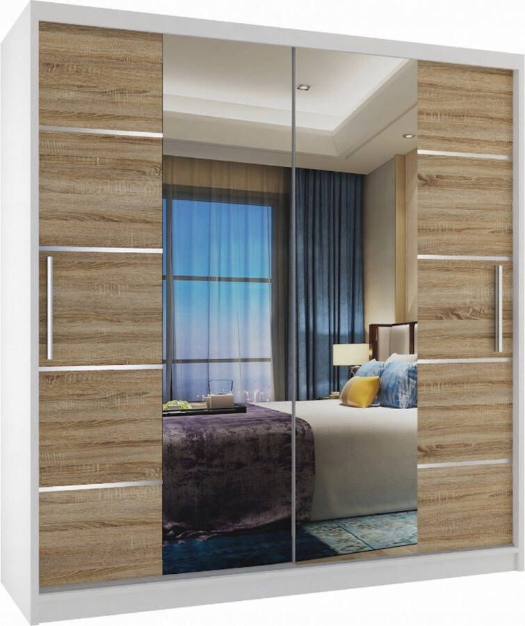 Kledingkast Slaapkamer Wit Licht Eiken 133cm-Schuifdeur-Spiegel-Lades-Kledingkasten-Schuifdeurkast-Garderobekast