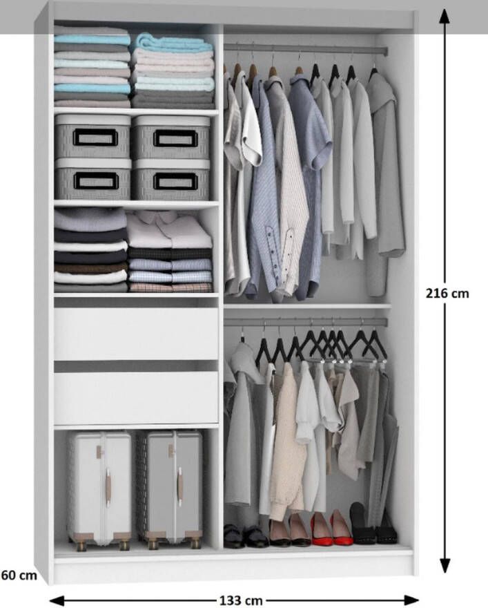 Kledingkast Slaapkamer Zwart Bruin 133cm-Schuifdeur-Spiegel-Lades-Kledingkasten-Schuifdeurkast-Garderobekast