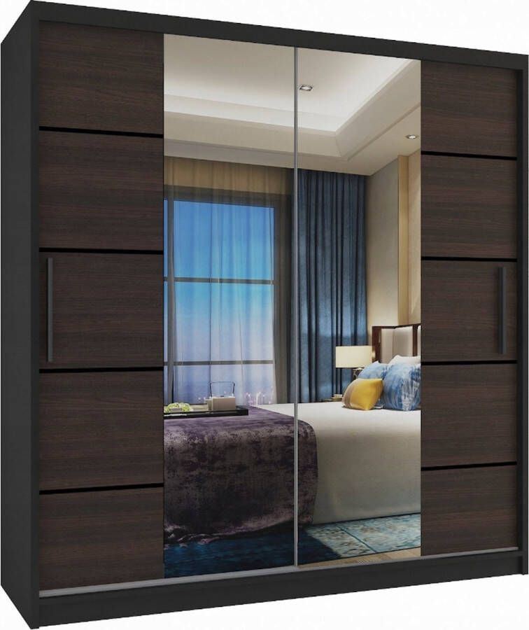 Kledingkast Slaapkamer Zwart Bruin 158 cm-Schuifdeur-Spiegel-Lades-Kledingkasten-Schuifdeurkast-Garderobekast