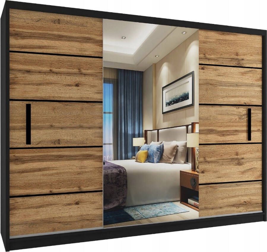 Kledingkast Slaapkamer Zwart Eiken 235 cm-Schuifdeur-Spiegel-Lades-Kledingkasten-Schuifdeurkast-Garderobekast