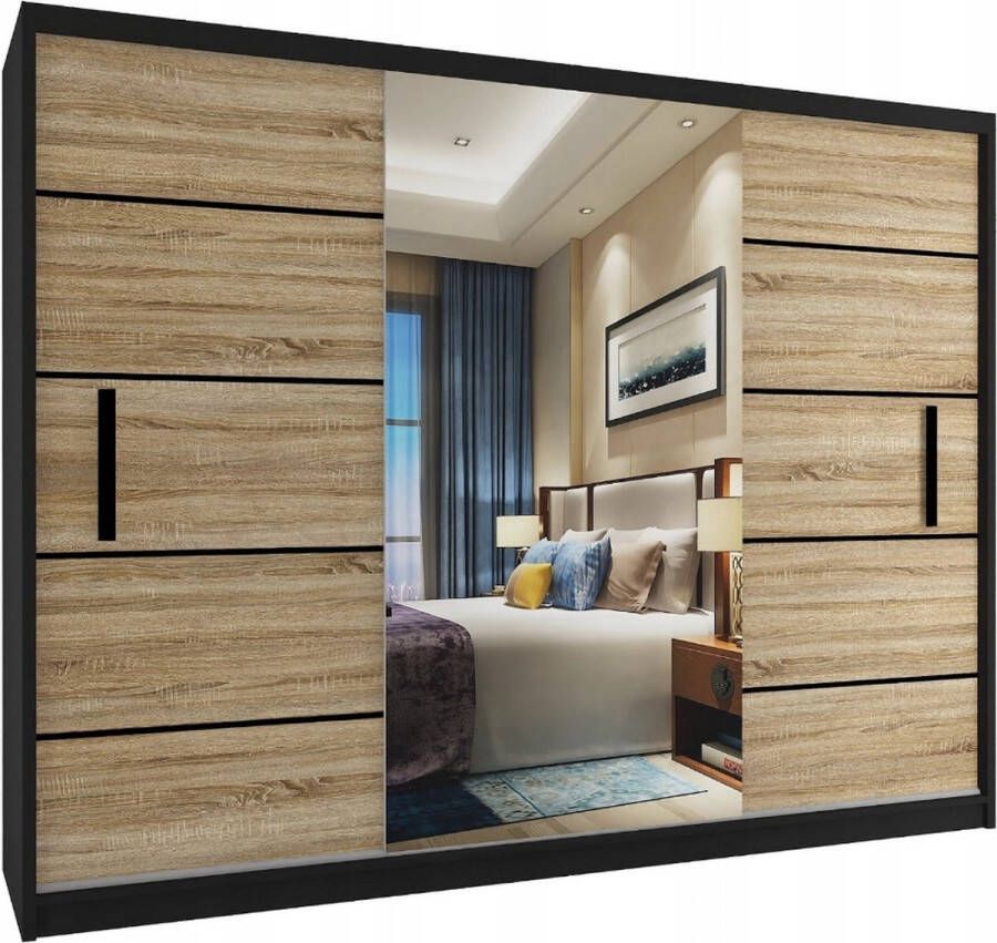Kledingkast Slaapkamer Zwart Licht Eiken 235 cm-Schuifdeur-Spiegel-Lades-Kledingkasten-Schuifdeurkast-Garderobekast
