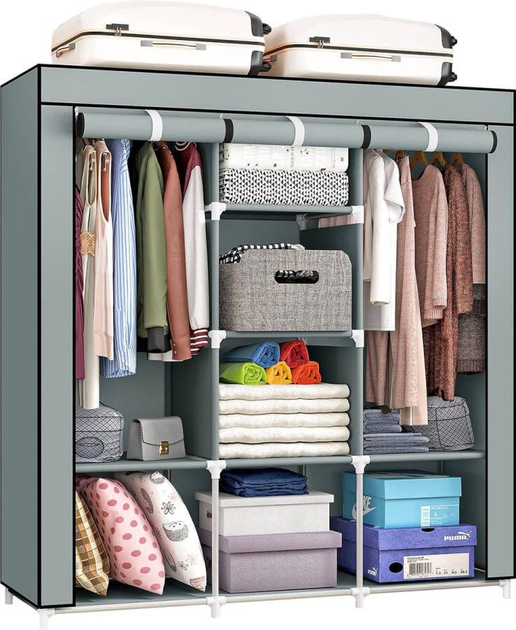 Kledingkast stof groot 118 x 45 x 165 cm stoffen kast organizer planken met 2 kledingstangen opvouwbare stoffen kledingkast voor woonkamer slaapkamer (grijs)