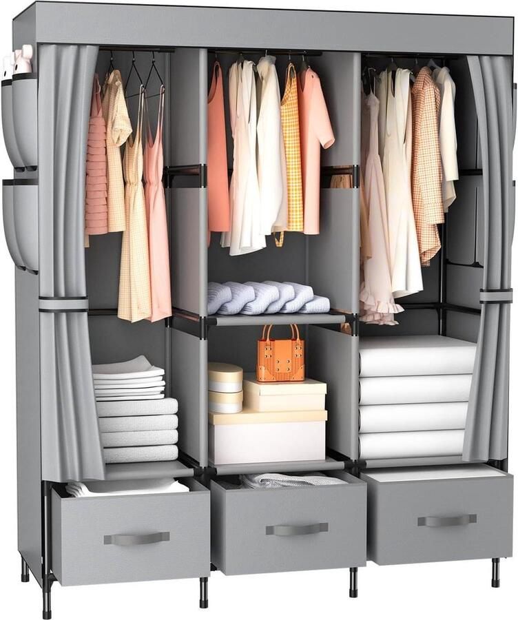 Kledingkast stof met kledingstang en opbergkist 120 x 40 x 170 cm grijs slaapkamer opbergoplossing kledingkast