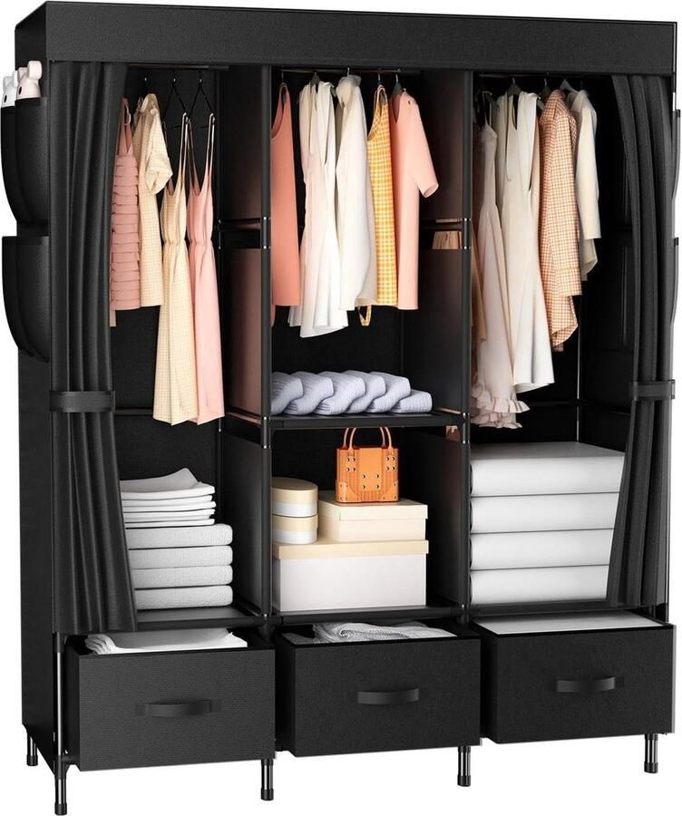 Kledingkast stof met kledingstang en opbergkist 120 x 40 x 170 cm stoffen kast voor slaapkamer drie kolommen kledingkast met zijzakken zwart ruime opbergmogelijkheden kledingkast