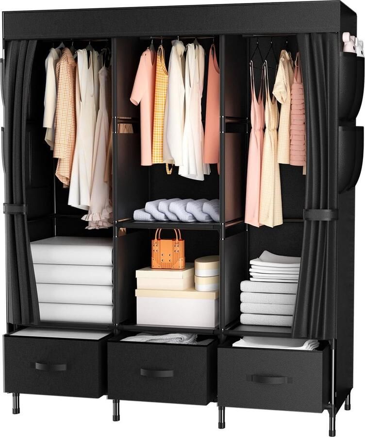 Kledingkast stof met kledingstang en opbergkist 120 x 40 x 170 cm stoffen kast voor slaapkamer met zijzakken zwart Kledingkast