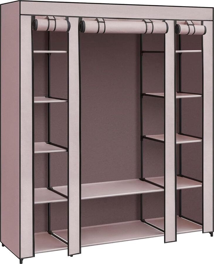 Kledingkast stoffen kast met bekleding van vliesstof opvouwbare kledingkast met kledingstang 45 x 150 x 175 cm 12 legplanken metalen frame antiek roze LSF003P02