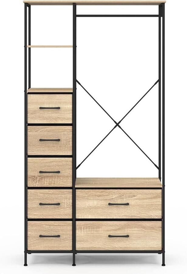 Kledingkast UTAH L. 90 cm – Inclusief 1 plank en 7 houten stoffen bakken zwart