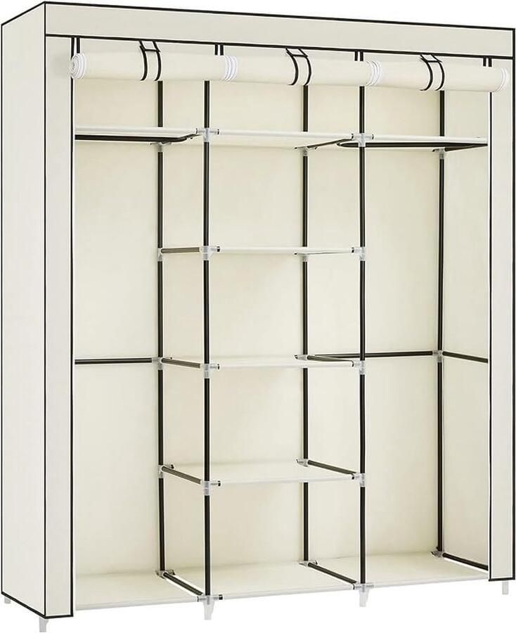 Kledingkast vouwkast stoffen kast opvouwbare garderobe met 2 kledingstangen 175 x 150 x 45 cm beige