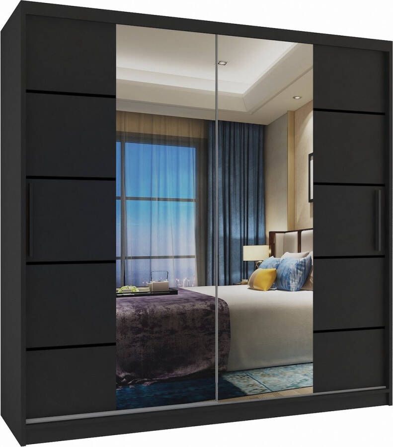 Moderne Zwarte Kledingkast –Spiegel en 2 Lades Ruime Opbergruimte- 216 x 200 x 60 cm
