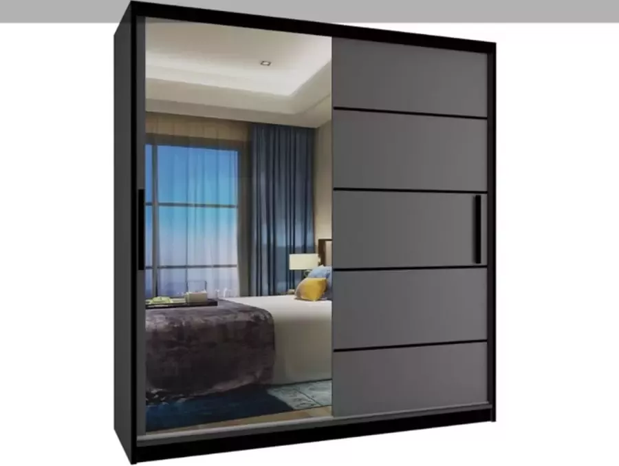 Kledingkast zwart met antraciet- 158 cm met spiegel-Schuifdeuren