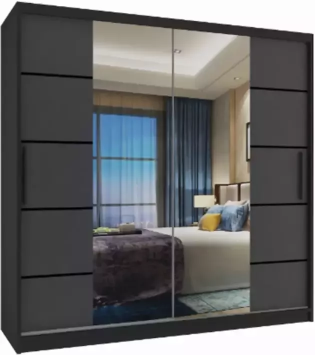 Kledingkast zwart met antraciet 200 cm met spiegel-2 lades-Schuifdeuren