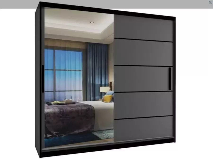 Kledingkast zwart met antraciet -met spiegel -200 cm