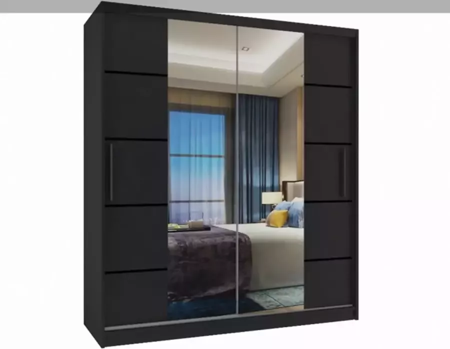 Kledingkast zwart antraciet met Spiegel 133cm-schuifdeuren-2 lades - Foto 2