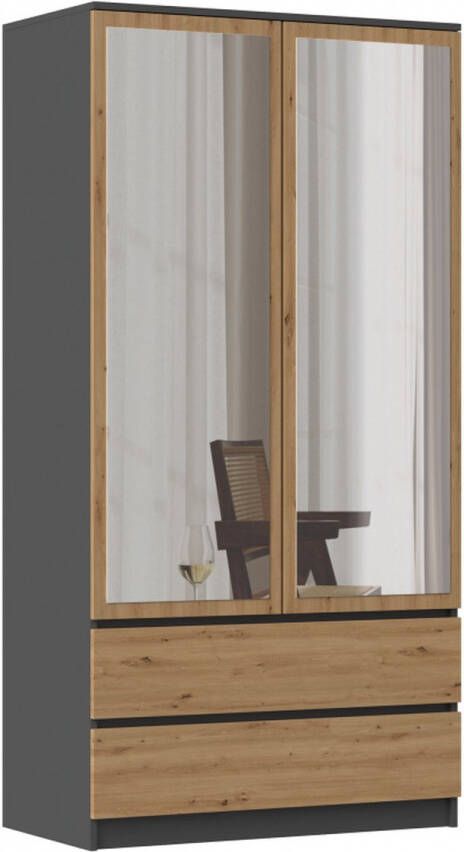 Kledingkasten slaapkamer – Met spiegel Kledingkast – Kledingkasten – Wandkast – 2 lades – Antraciet– Eiken