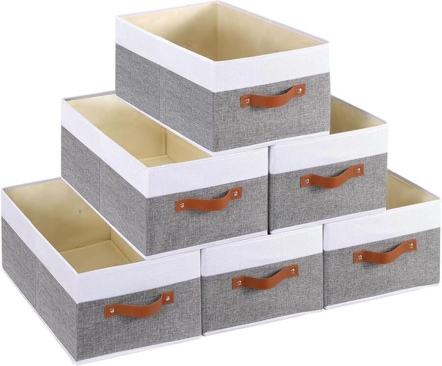 Kledingopbergbakken met handgrepen Opvouwbare stoffen opbergmanden Set van 6 medium opbergdozen (wit en grijs 33×23×14 cm)