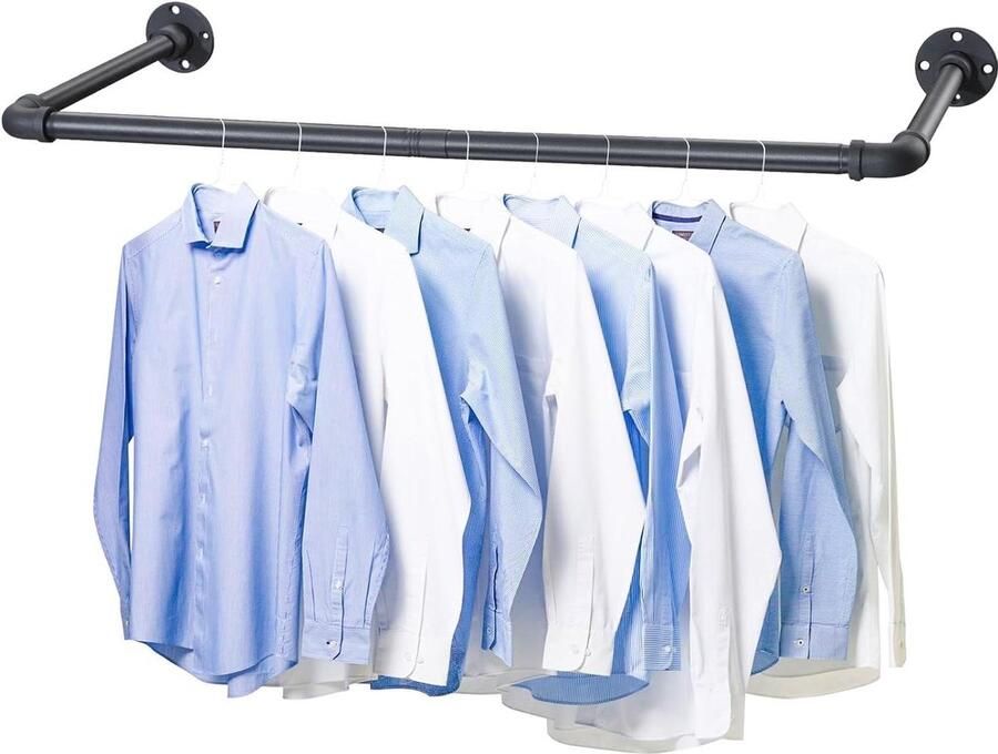 Kledingrek Muurstang 120 cm Industrieel Design Industriële Buis Garderobestang tot 50 kg Belastbaar Eenvoudige Montage Matzwart Metaal