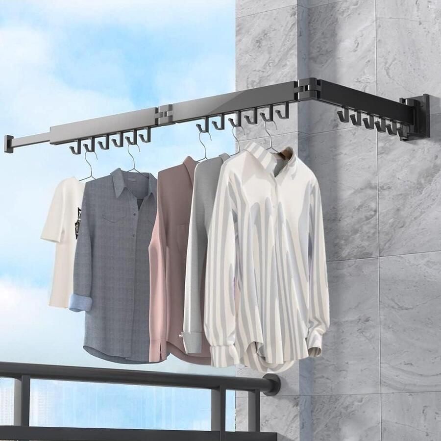 Kledingrek 120 cm inschuifbaar-inklapbaar wasrek met 18 haken en handdoekhouder voor balkon wasgoed badkamer slaapkamer