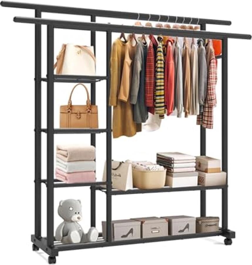 Kledingrek 150 cm met Wielen Multifunctionele Kapstok met 6 Niveaus en Opbergruimte