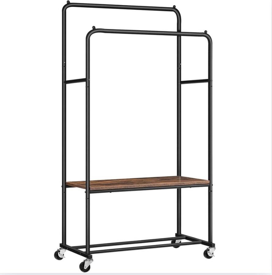 Kledingrek 2 kledingstangen kledingkastrek met wielen en 2 planken industrieel ontwerp voor slaapkamer hal donkerbruin-zwart