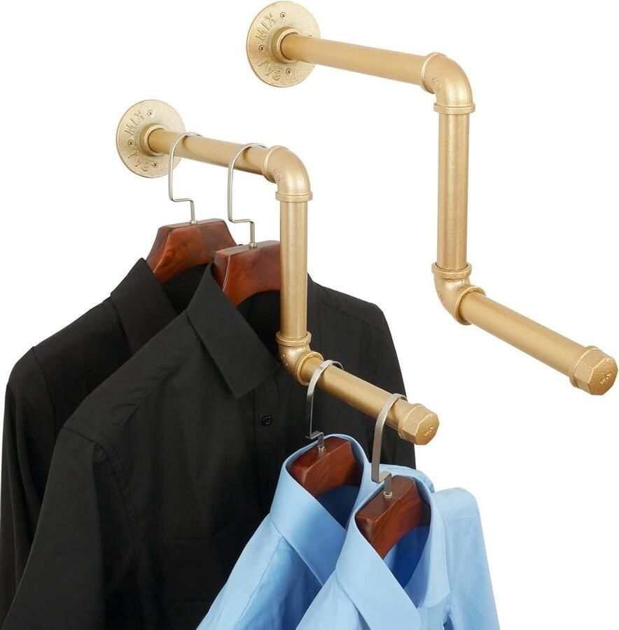 Kledingrek 2-pack afneembaar kledingrek doe-het-zelf wandmontage industriële pijp kledingrek huis- en kledingwinkel goud 46 cm