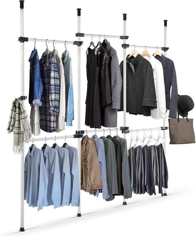Kledingrek 6 staven Doe-het-zelf Telescopische kleerhanger Heavy Duty Garderobe-organizer met verstelbare breedte (230-330 cm) en hoogte (246-300 cm)