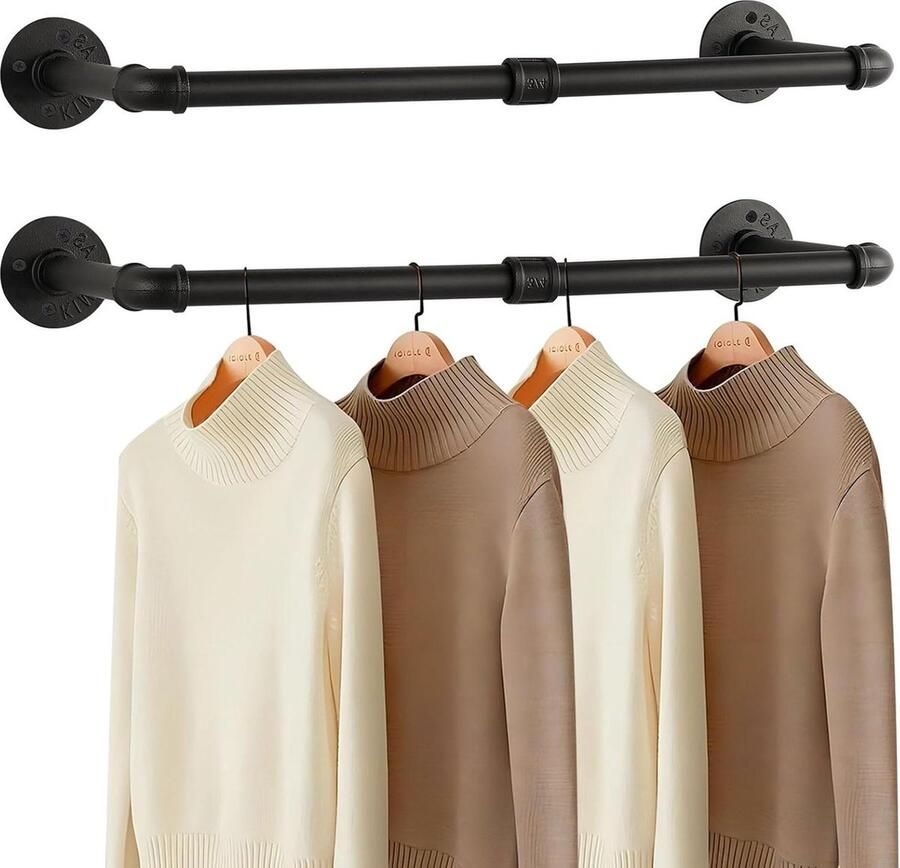 Kledingrek 64 cm industriële pijp wandmontage zwaar belastbare ijzeren pijp kledingrek multifunctionele kledinghangstang voor kastopslag (2 stuks) zwart