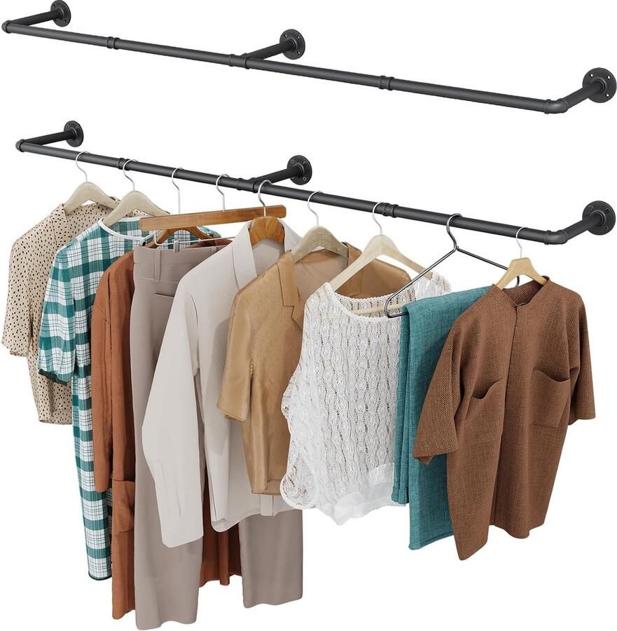 Industriële buiskledingstang set van 2 167 cm wandmontage afneembare retro metalen kledingstang voor het ophangen van kleding robuuste kledingstang voor slaapkameropslag (3 basiss)