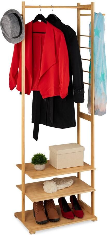 Relaxdays kledingrek bamboe 177 5x81x38 cm 3 planken 3 haken slaapkamer natuur