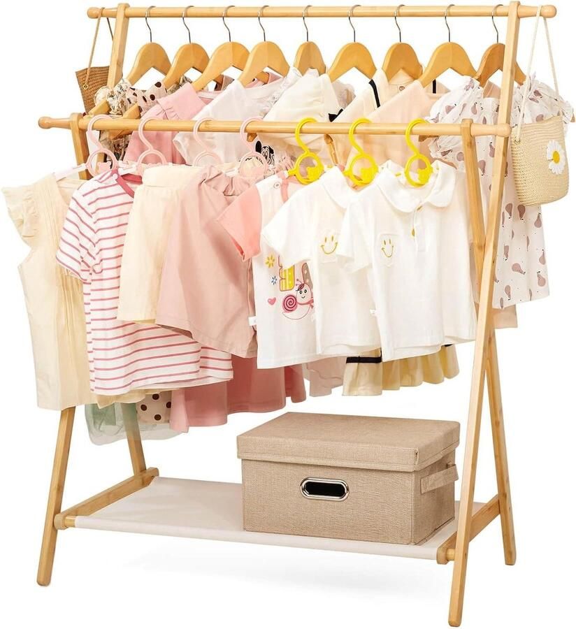 Kledingrek Bamboe Garderobestand Verstelbare Dubbele Stang Kindergarderobe Opbergrek Ruimtebesparend Kledingstandaard Slaapkamer (Natuur) - Foto 2