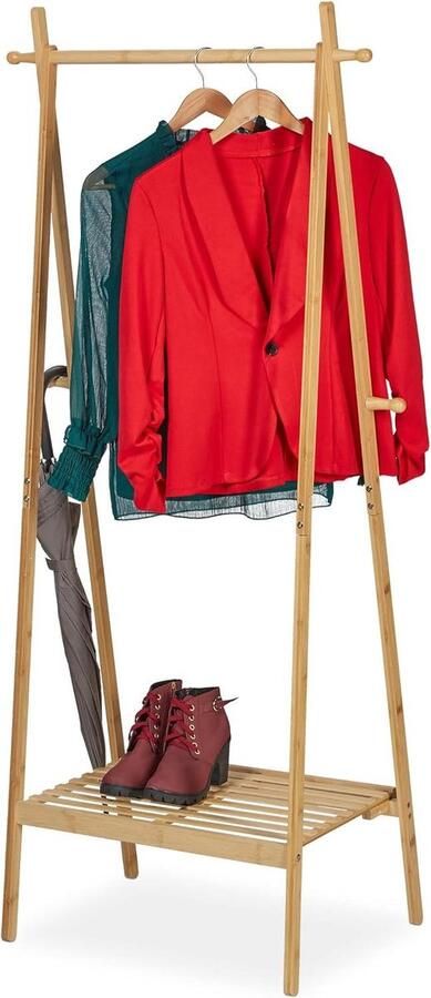 Kledingrek bamboe inklapbaar HBD: 160 x 74 x 42 cm met kledingstang en vakken 4 haken vrijstaand natuur Opvouwbare kledingrek
