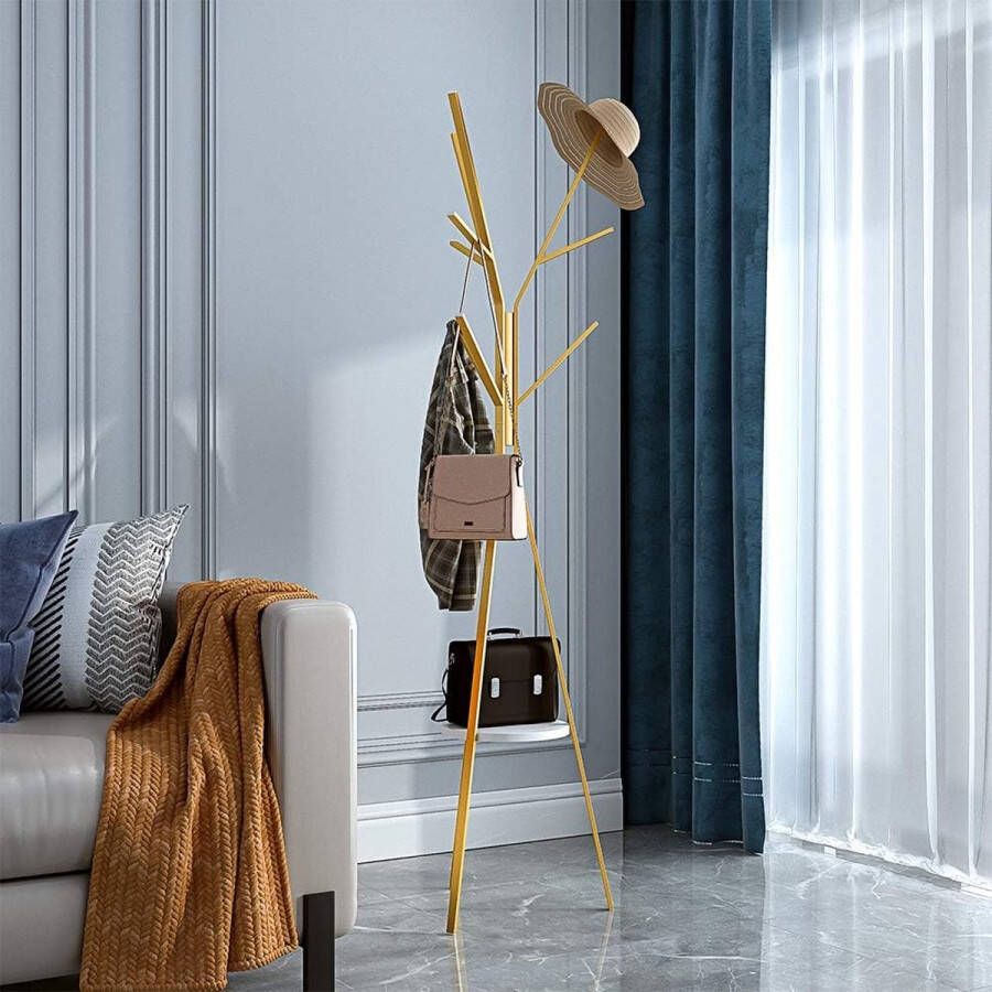Kledingrek boom goud 180 cm hoge kleerhanger met plank en 9 haken voor handtas jas-sjaalhouder freestanding Metal Coat Rack Tree Gold
