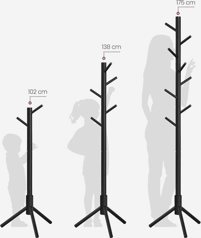 Kledingrek boomvormige vrijstaande kapstok van massief hout met 8 haken voor kleding-hoeden-tassen gang-entree zwart RCR004B01