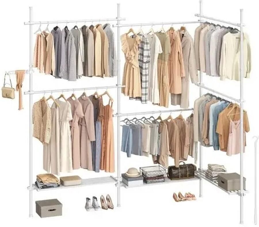 Songmics Kledingrek Dress Stand 3-Lagen Hoogte en Breedte Verstelbaar Met Grijparm 2 Stangen en 3 Planken Stabiel Stalen Frame Non-Slip Voeten Ruimtebesparend Eenvoudige Montage Max. Draagkracht 137 5 kg