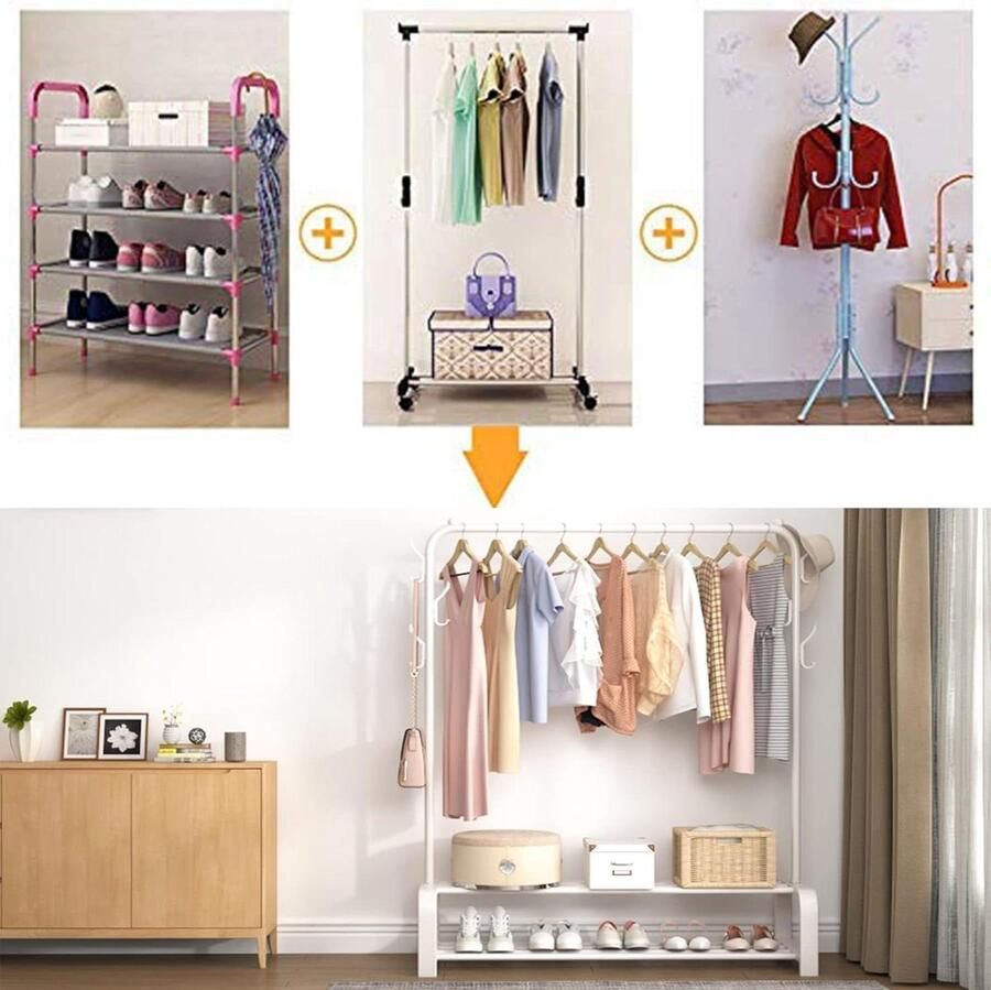 Kledingrek droogrek vrijstaand met 2-traps onderste opbergrek en zijdelingse haken wit Opvouwbare kledingrek