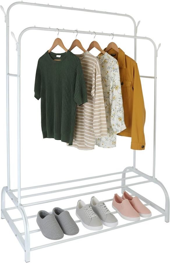 Kledingrek dubbel 110 cm breed met schoenenrek 4 haken wit