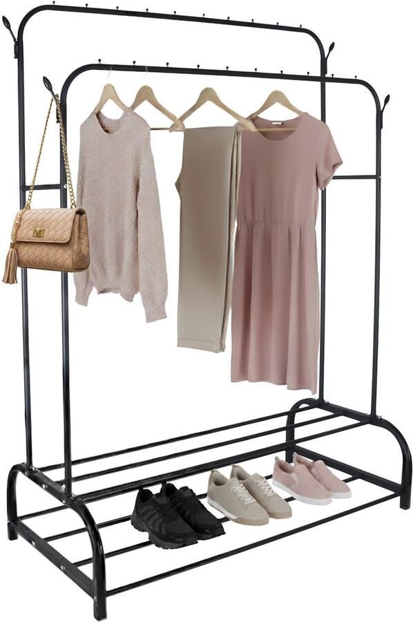 Kledingrek dubbel 110 cm breed met schoenenrek 4 haken zwart