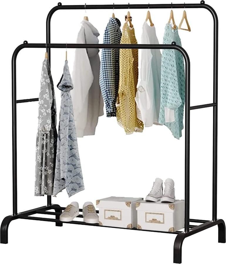 Kledingrek dubbele 110 x 150 x 54 cm robuust metaal met schoenenhouder eenvoudige montage zwart kapstok hangend met plank