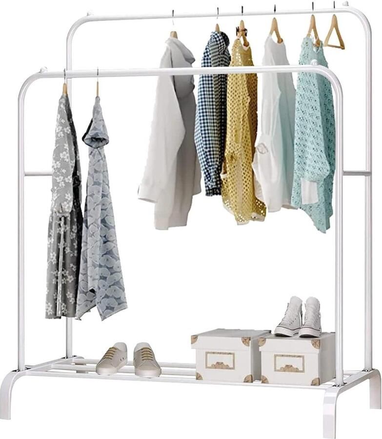 Kledingrek dubbele robuust metaal 110 x 150 x 54 cm met schoenenhouder eenvoudige montage Wit. kledingrek