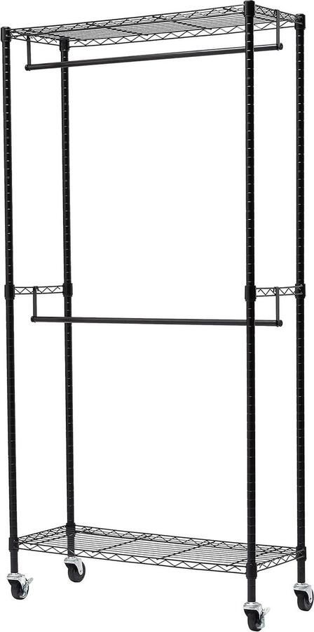 Kledingrek Dubbele kledingstang open met wielen en in hoogte verstelbare planken zwart maximaal gewicht 181 kg 355 x 914 x 183 cm Kledingrek