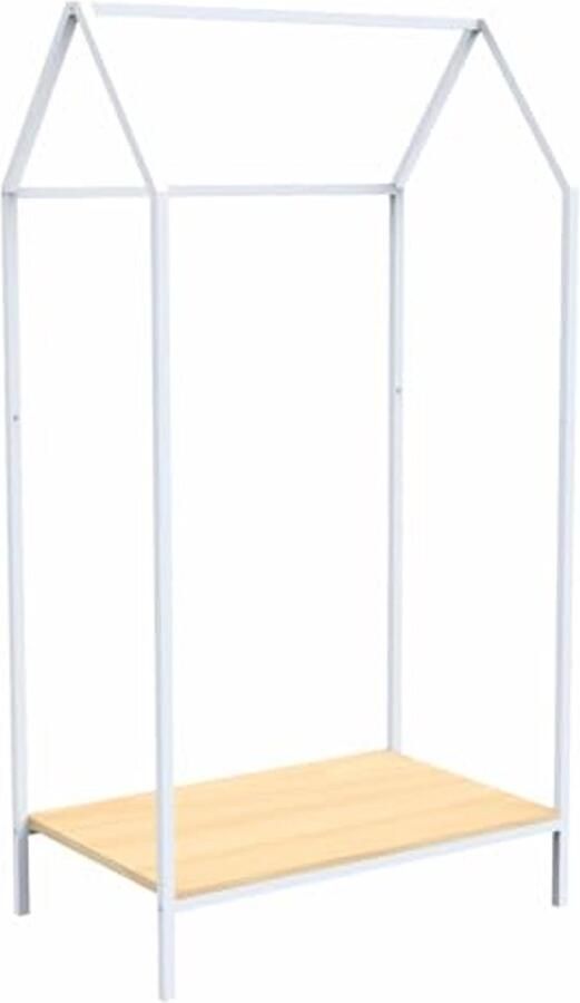 Kledingrek en schoenenrek van metaal en grenen in huisvorm 150 x 50 x 80 cm Wit Natuurlijk