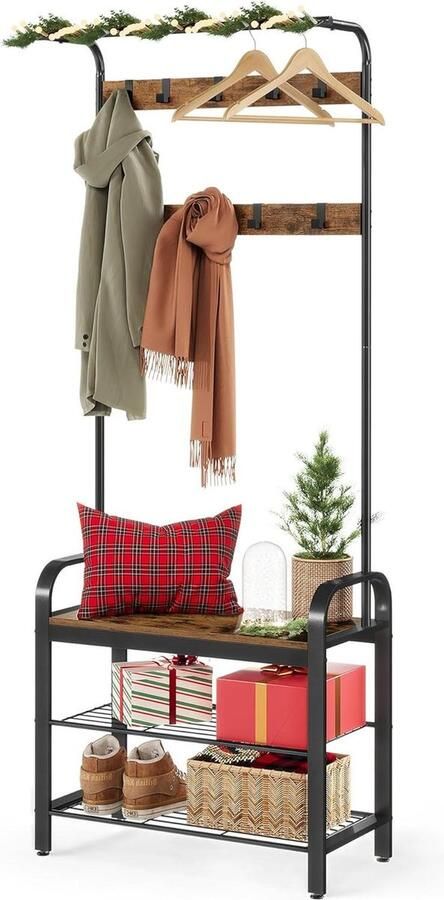 Kapstok garderobe halkast met schoenenrek 3 niveaus afneembare haken 183 cm metalen frame rustiek bruin-zwart HSR40B kledingrek