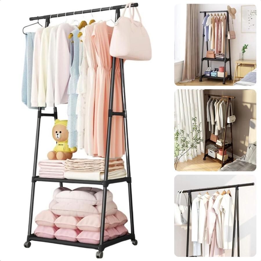 Cheqo Kledingrek Garderobe Kledingkast Verrijdbaar 85x42x160 cm Metaal Zwart Inclusief EBOOK