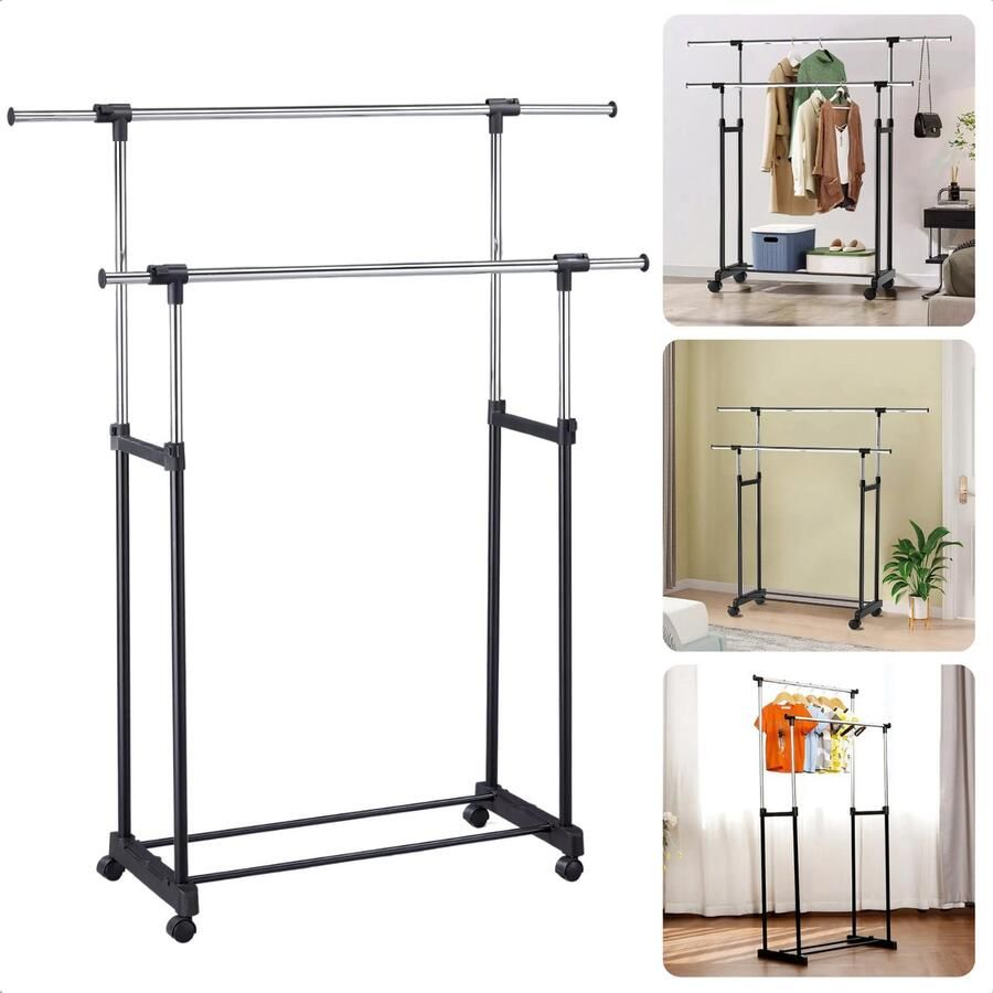 Cheqo Kledingrek Garderobe Kledingkast Verstelbaar in Hoogte en Breedte Dubbele Stangen Staal Verrijdbaar Inclusief EBOOK