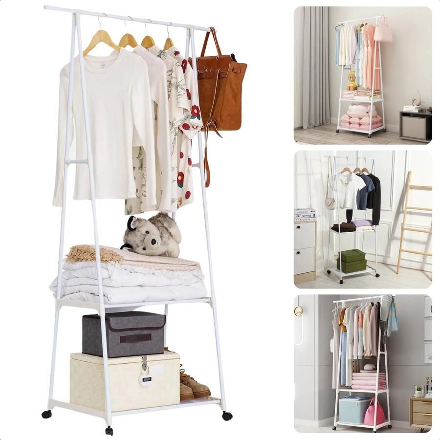 Cheqo Kledingrek Garderobe Verrijdbaar 85x42x160 cm Metaal Met Leggers Wit Inclusief EBOOK